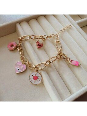 NEW Heart Charm Bracelet 14K Gold Plated Chunky Link Pink 7” Preppy Coquette